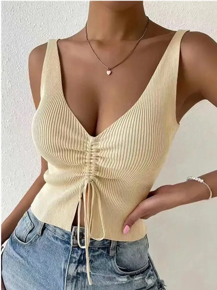 Color: black, Size: One Size - New Summer Women Drawstring Front Ribbed Knit Tops Femme Sexy V Neck Sleeveless Crop Top Clothes High Stretch Split Cropped Tank