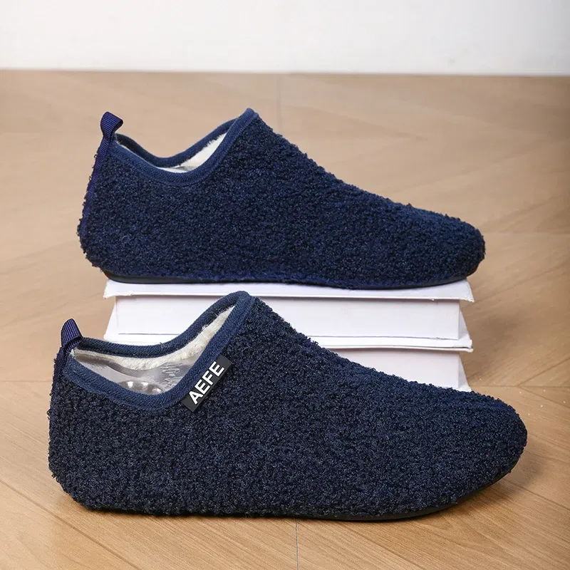 Color: Blue, Shoe Size: 39, Ships From: CHINA - Winter Fashion Men Slippers Plush Male Home Cotton Shoes Warm Anti-slip Men's Casual Shoes Flexible Solid Flats 39-47 Slip On