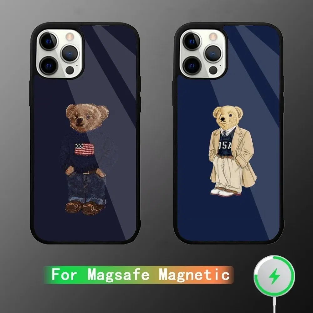 Color: Blue, Material: PU - Baron F-Filou Bear Fashion Phone Case For iPhone 15,14,13,12,11,Plus,Pro,Max Mini Magsafe Magnetic Wireless Charging