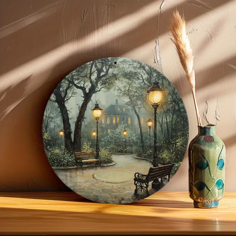 Vivid Nostalgic Victorian Park Scene with Lampposts and Benches