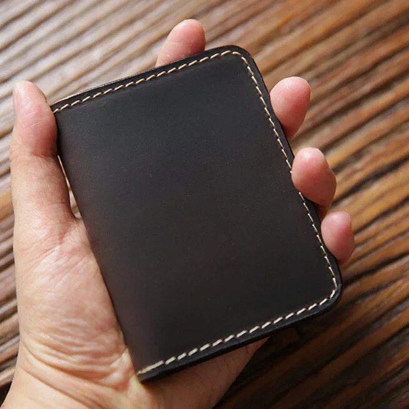 Color: Coffee - Retro Crazy Horse Leather Cards Cases Mens Cowhide Credit Card Holder Wallet Handmade Ultra-thin Slim Drivers License ID Cover