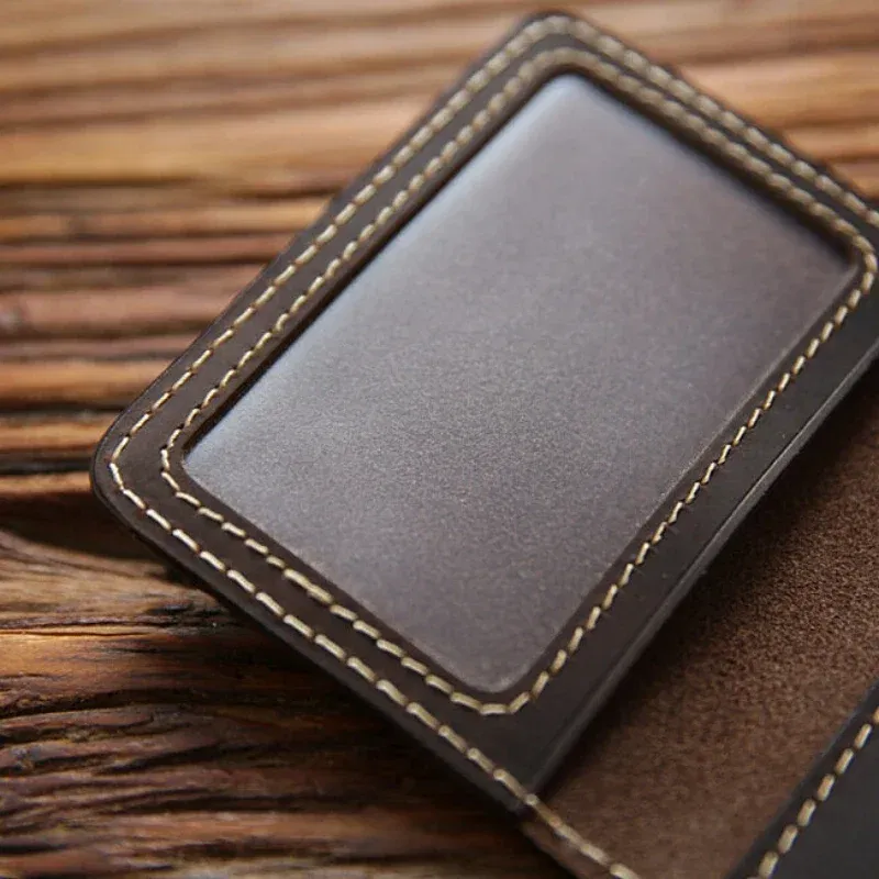 Color: Coffee - Retro Crazy Horse Leather Cards Cases Mens Cowhide Credit Card Holder Wallet Handmade Ultra-thin Slim Drivers License ID Cover
