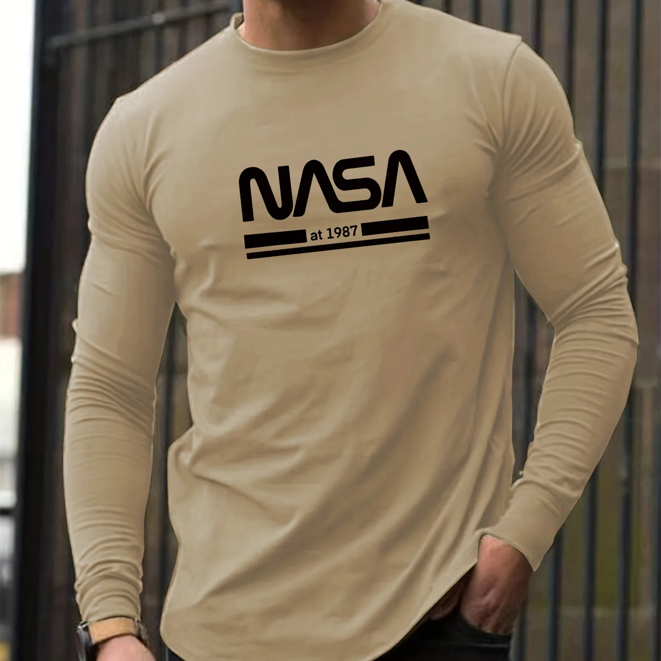 Color: Khaki, Size: S - Men's Spring and Autumn 100% Cotton Loose Comfortable Casual NASA Letter Printed Round Neck Long Sleeve T-shirt