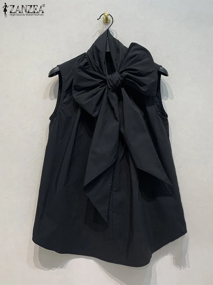 Color: Rose Red, Size: M - ZANZEA Women Fashion Bow Tie Neck Tank Tops 2024 Summer Casual Solid Sleeveless Blusas Mujer Elegant Korean Style Shirts Blouses