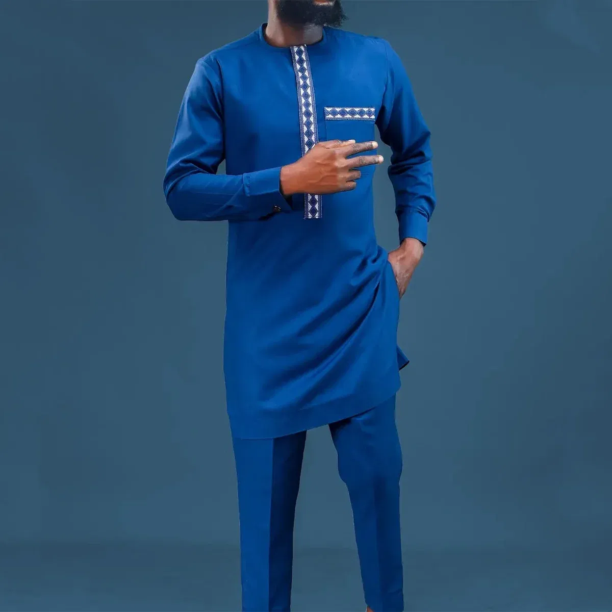 Color: ROYAL BLUE, Size: S - 2025 New men's suit, white pocket, 2-piece set, luxury wedding casual suit, traditional African style of ethnic minorities