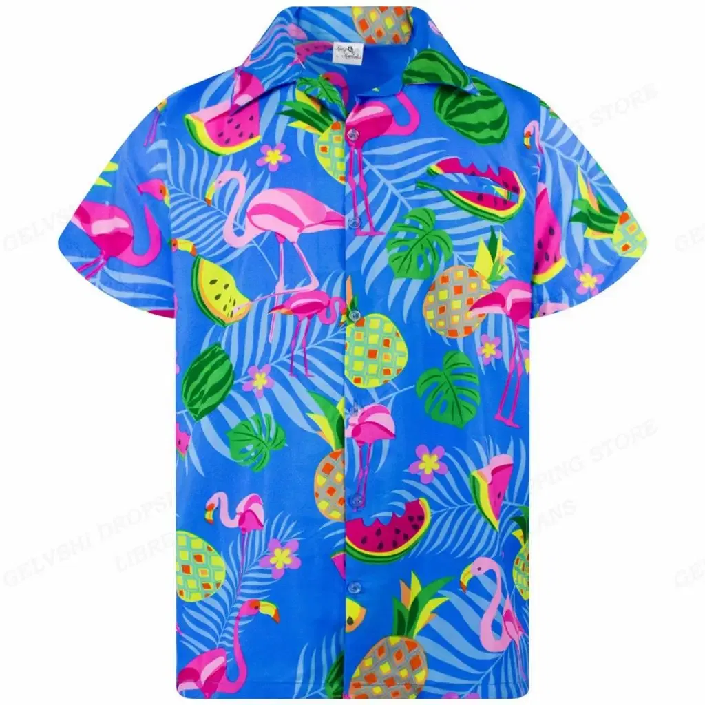 Color: Gold, Size: XXL - Flamingo Hawaiian Shirts Beach Summer Men's Shirt Tropic Leaf 3D Print Shirts Men Women Fashion Blouse Short Sleeve Vocation