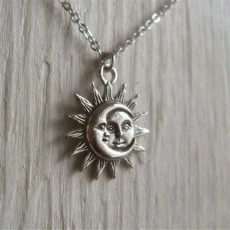 Metal Color: Silver Plated, Length: 45cm - New Sun and Moon Necklace Charm Celestial Jewelry Dainty Love Friendship Soulmate Statement Punk Pendant Gift Fashion Women Men