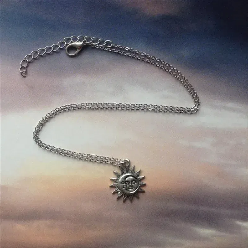 Metal Color: Silver Plated, Length: 45cm - New Sun and Moon Necklace Charm Celestial Jewelry Dainty Love Friendship Soulmate Statement Punk Pendant Gift Fashion Women Men