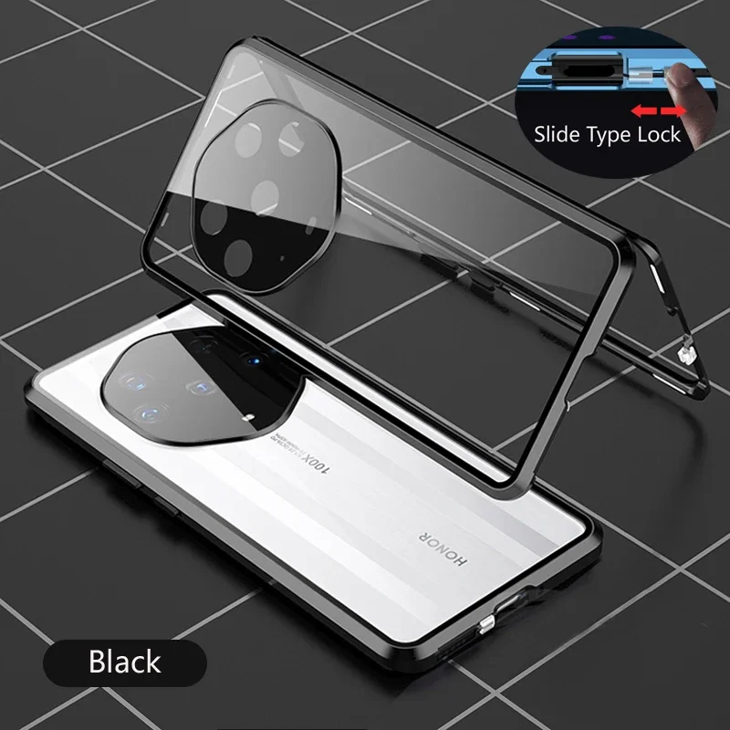 Color: black, Material: Neoprene - Double Sided Glass Magnetic Metal Snap Lock Phone Case For Honor Magic 4 5 Ultimate 6 Lite 7 Pro Lens Protection Cover Cases