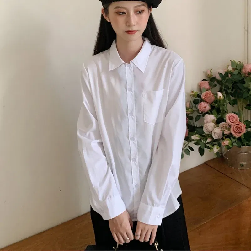 Color: WHITE, Size: XXL - MEXZT Japanese Women Solid White Shirts Spring Jk Preppy Style Long Sleeve Student Blouse Fashion Button Female Pocket Tops New