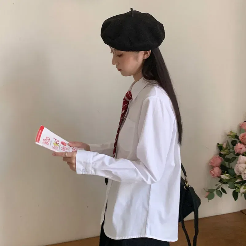 Color: WHITE, Size: XXL - MEXZT Japanese Women Solid White Shirts Spring Jk Preppy Style Long Sleeve Student Blouse Fashion Button Female Pocket Tops New