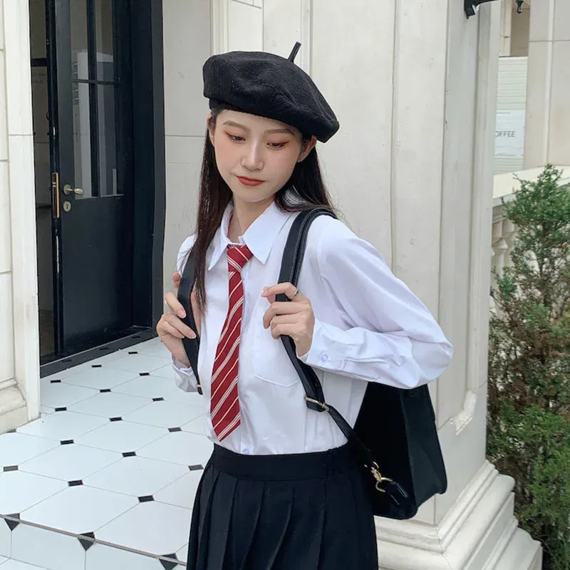 Color: WHITE, Size: XXL - MEXZT Japanese Women Solid White Shirts Spring Jk Preppy Style Long Sleeve Student Blouse Fashion Button Female Pocket Tops New
