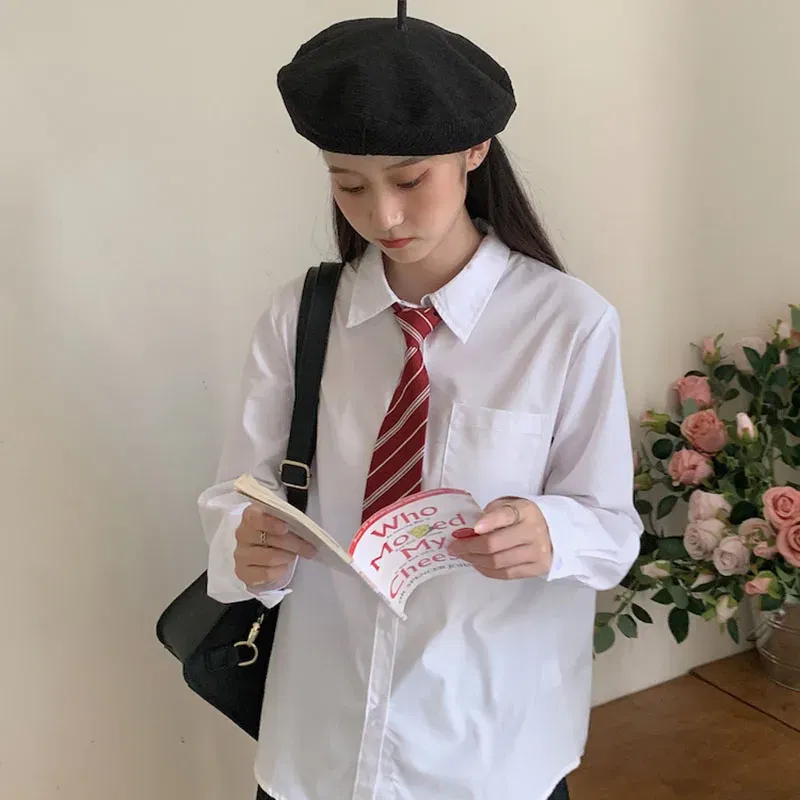 Color: WHITE, Size: XXL - MEXZT Japanese Women Solid White Shirts Spring Jk Preppy Style Long Sleeve Student Blouse Fashion Button Female Pocket Tops New