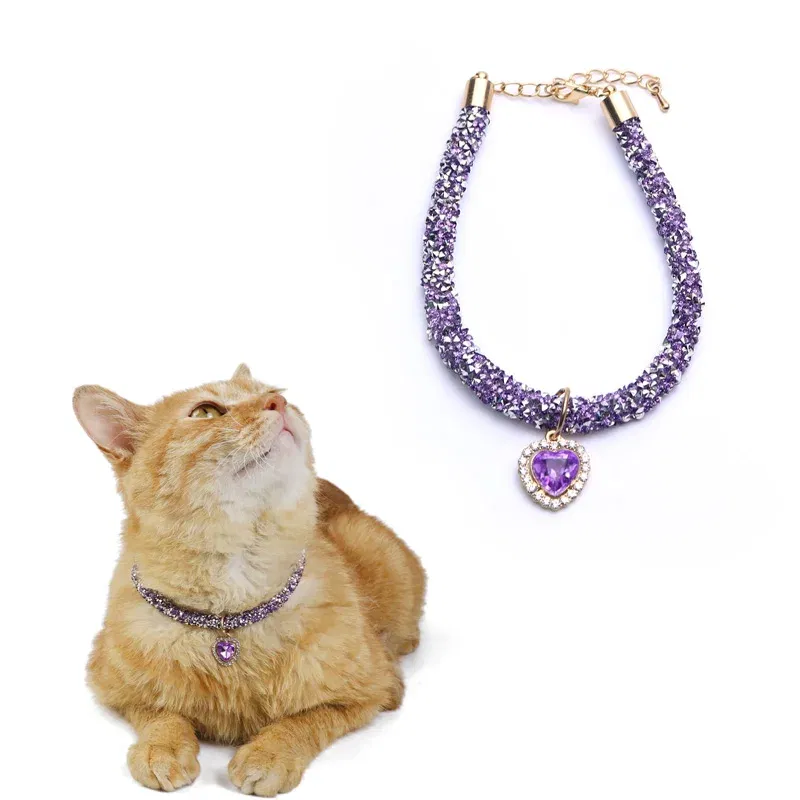 Color: WHITE, Size: S - Luxury Cat Collar with Heart Crystal Pendant Puppy Chihuahua Necklace Reflective Rhinestone Kitten Neck Strap Pets Accessories