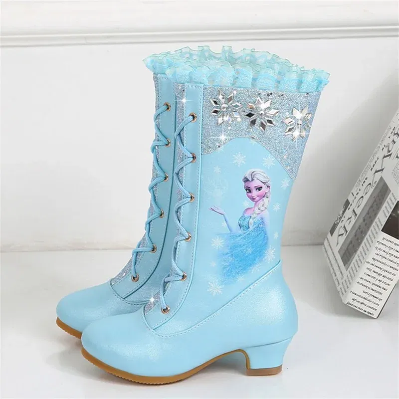 Color: Pink, Shoe Size: 23.5 - Disney Girls' Leather Boots Winter Frozen Boots Side Zipper High Plush Princess Elsa Boots Warm Children's Boots Size 27-37