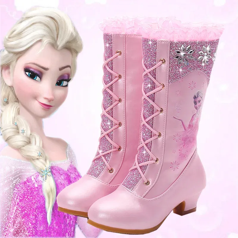 Color: Pink, Shoe Size: 23.5 - Disney Girls' Leather Boots Winter Frozen Boots Side Zipper High Plush Princess Elsa Boots Warm Children's Boots Size 27-37