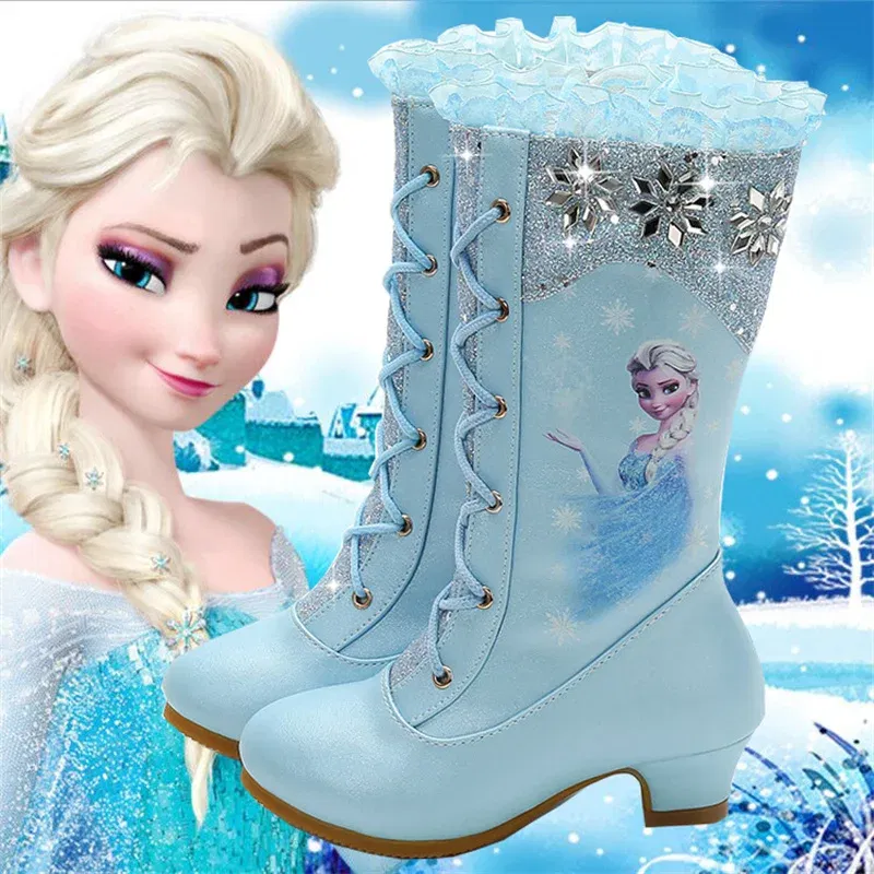 Color: Pink, Shoe Size: 23.5 - Disney Girls' Leather Boots Winter Frozen Boots Side Zipper High Plush Princess Elsa Boots Warm Children's Boots Size 27-37