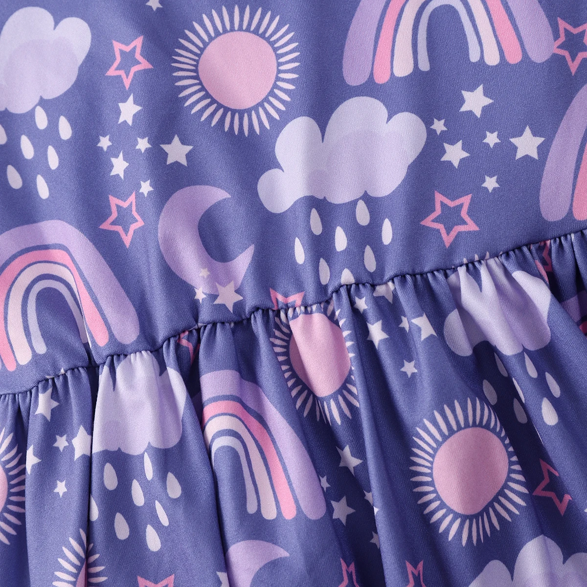 Color: PURPLE, Kid Size: 116 - Girls Cute Cartoon Rainbow Graphic Flutter Trim Sleeveless Dress For Summer Party Gift