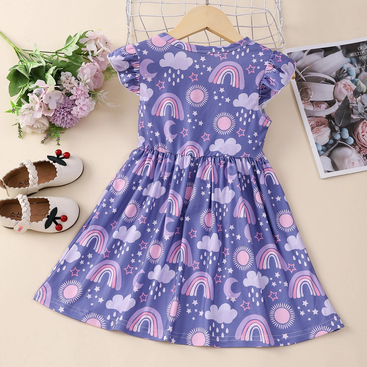 Color: PURPLE, Kid Size: 116 - Girls Cute Cartoon Rainbow Graphic Flutter Trim Sleeveless Dress For Summer Party Gift