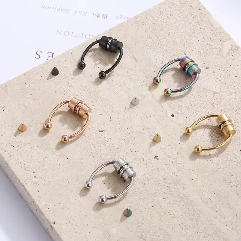 Metal color: Imitation Rhodium Plated - Women Fake Piercing Nose Ring Hoop Septum Non Piercing Nose Clip Rock HipHoop Stainless Steel Magnet Fashion Punk Body Jewelry