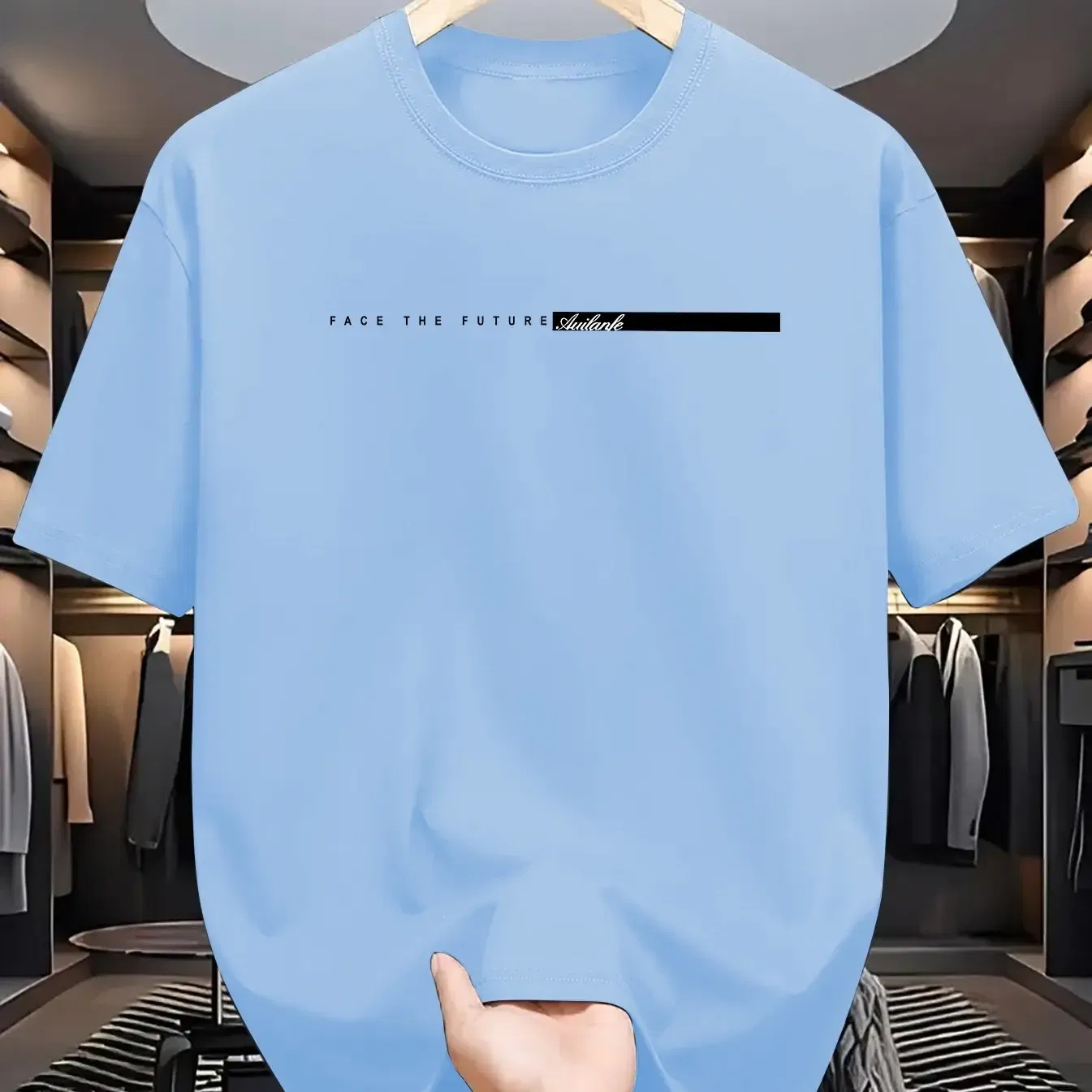 Color: Blue, Size: L - Summer men's 100% cotton casual loose fit large letter print round neck short sleeved T-shirt top High Street Unisex style