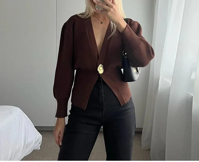 Color: SKY BLUE, Size: M - Women's Knitted Sweater with Elegant Temperament, Solid Color, Long Sleeved Buttons, Knitted Open