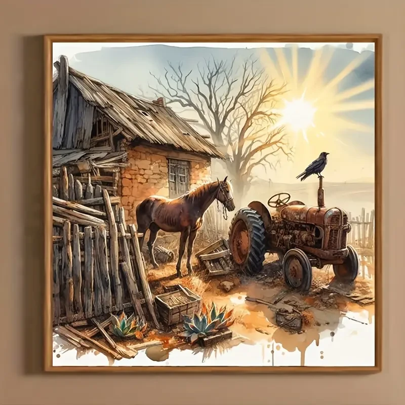 5D DIY Diamond Painting Kit - Rustic Cabin & Horse Scene