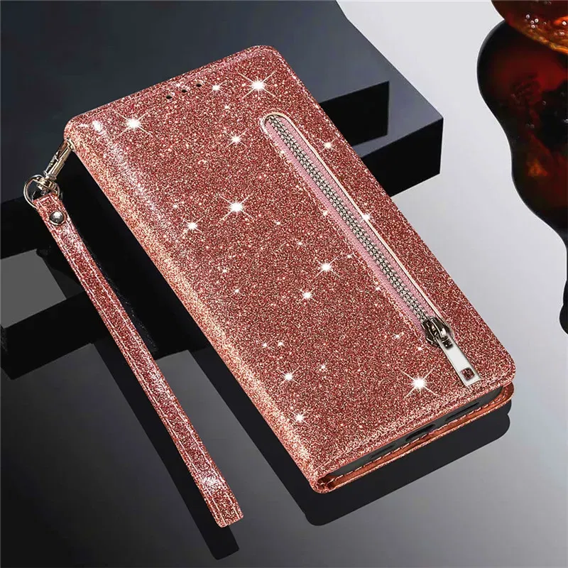 Color: Beige, Material: aluminum - Zipper Flip Wallet Glitter Leather Case for iPhone 16 15 14 13 12 11 Pro Max XS XR 8 7 Plus SE 2022 Mini Bling Stand Phone Cover