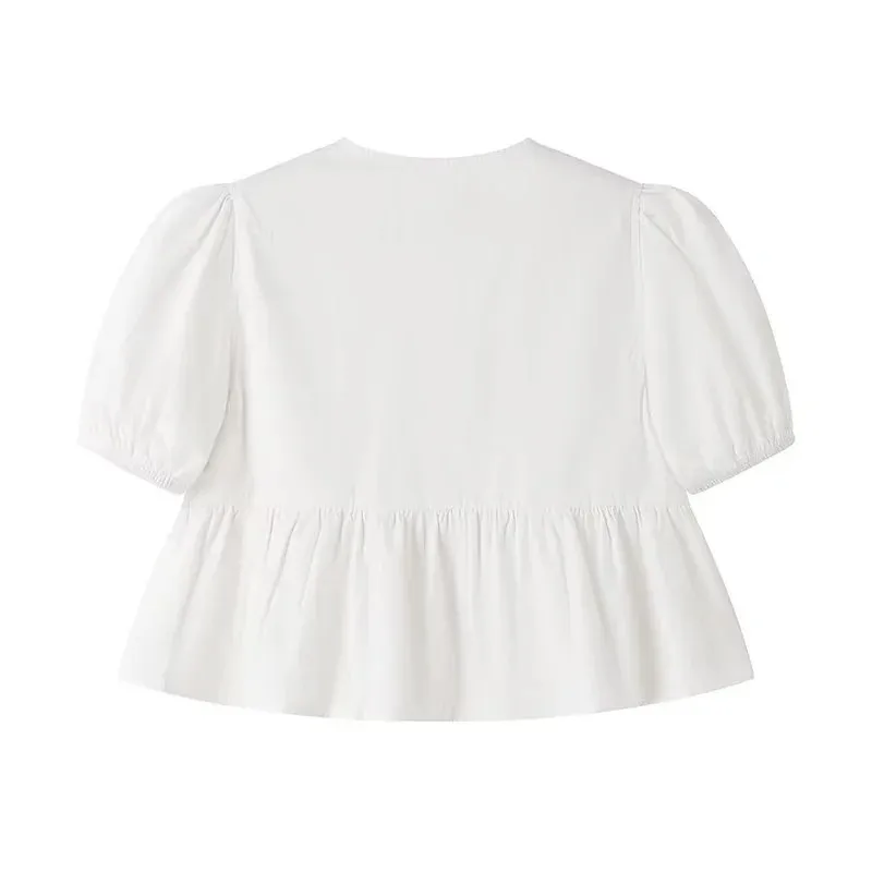 Color: black, Size: S - TRAF White Crop Top Women Black Ruffle Short Puff Sleeve Blouse Female Bow Tied Summer Blouses Woman 2024 Ruched Cute Tops