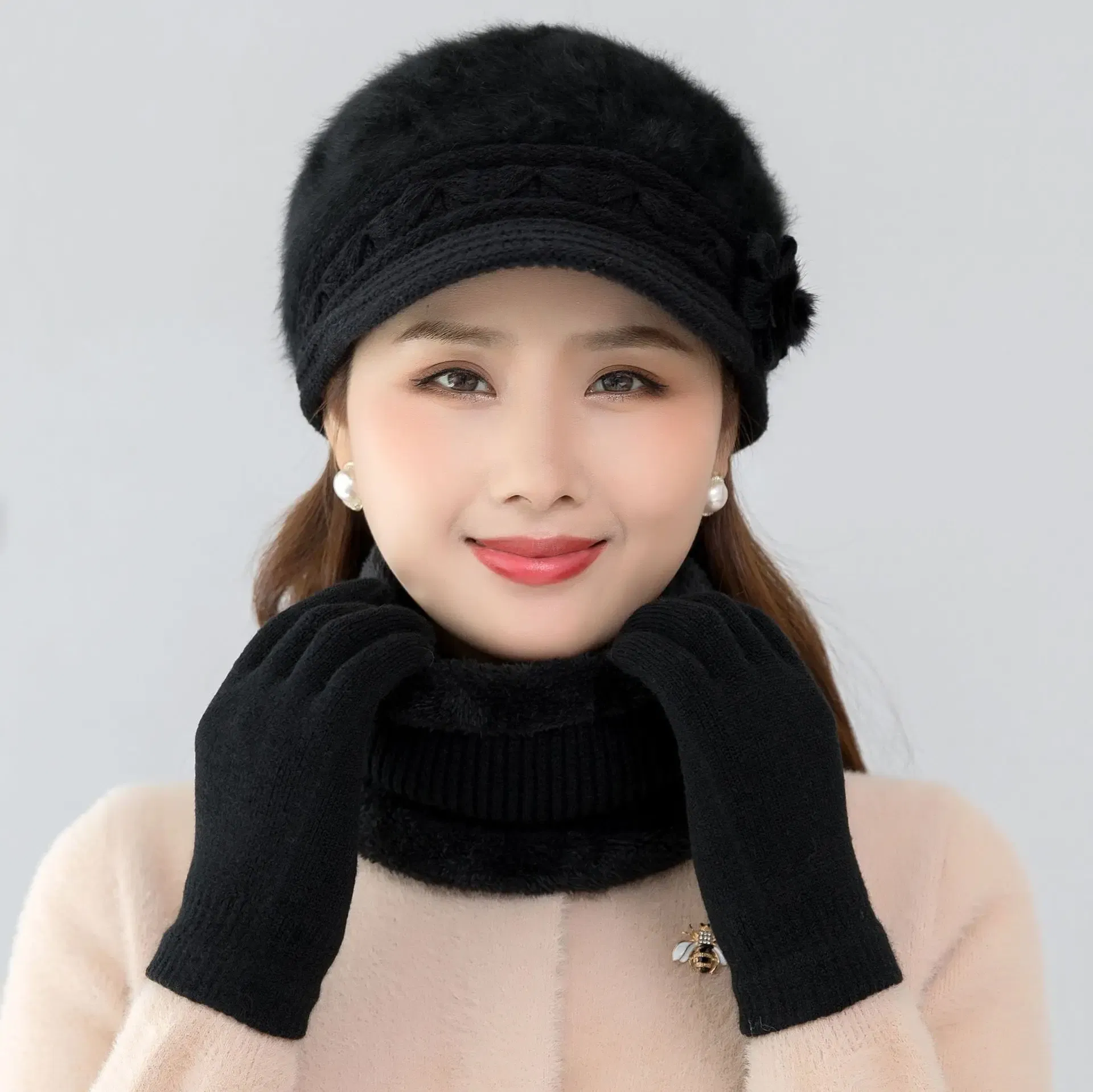 Color: Pink - New Women Winter Hat Keep Warm Cap Add Fur Lined Hat & Scarf Warm Set Fashion Hat For Women Casual Faux Fur Flower Knitted Hat