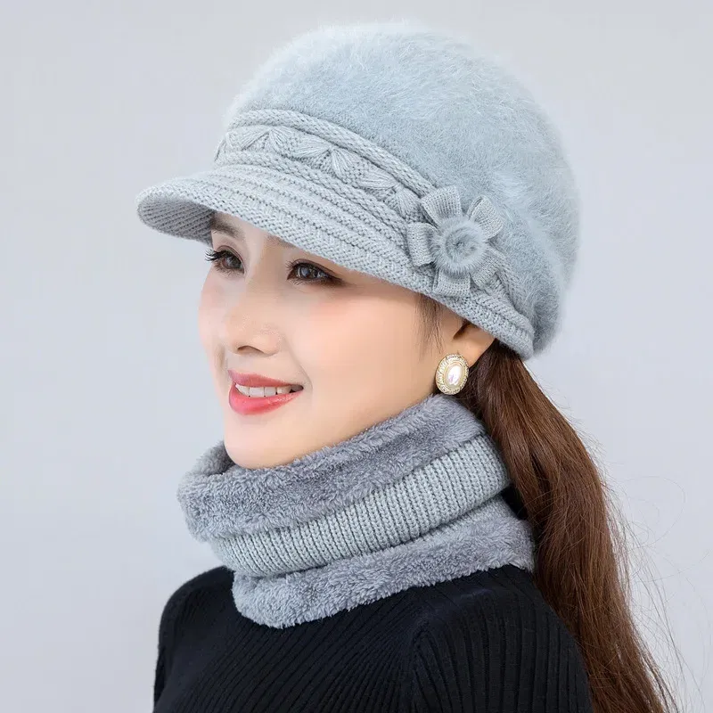 Color: Pink - New Women Winter Hat Keep Warm Cap Add Fur Lined Hat & Scarf Warm Set Fashion Hat For Women Casual Faux Fur Flower Knitted Hat