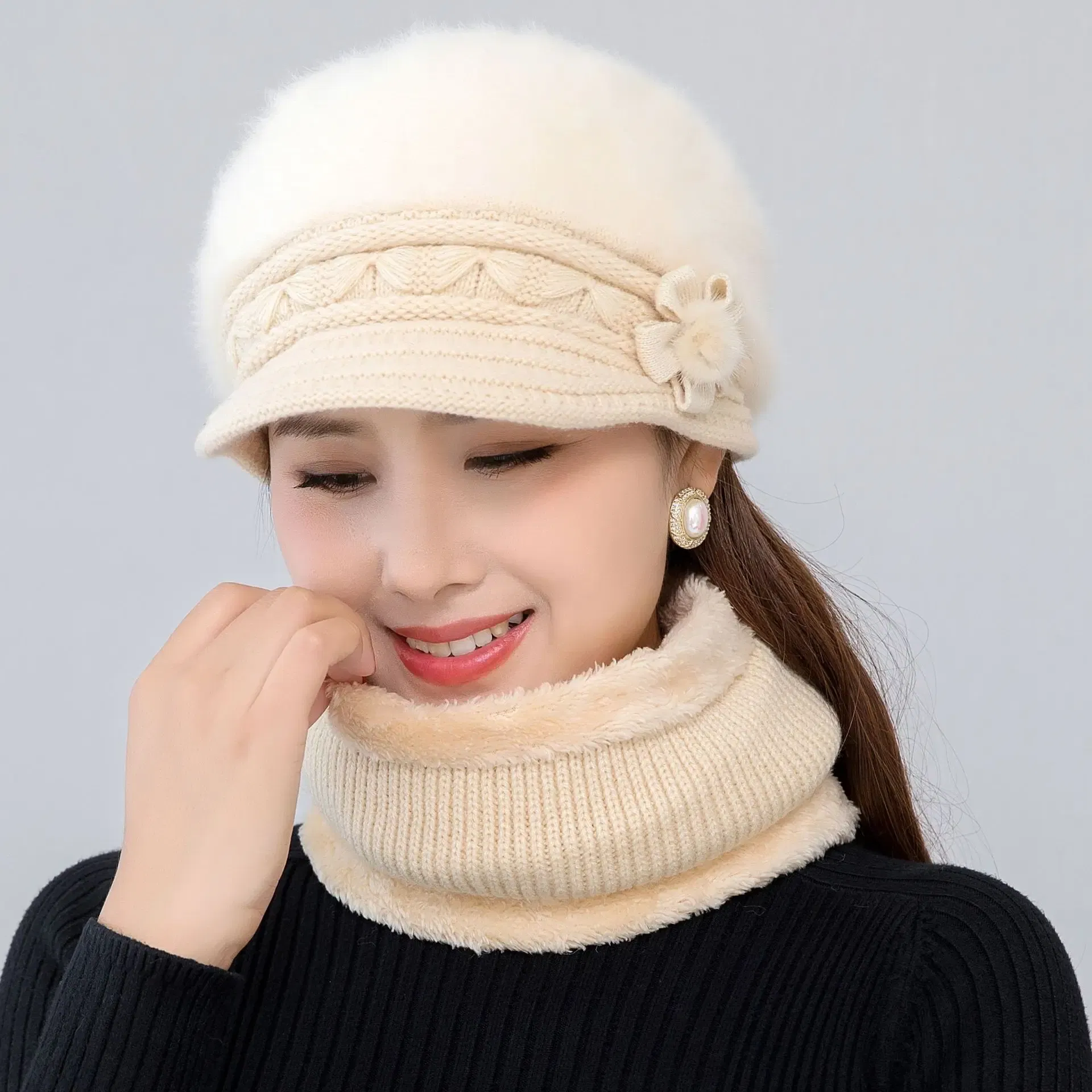 Color: Pink - New Women Winter Hat Keep Warm Cap Add Fur Lined Hat & Scarf Warm Set Fashion Hat For Women Casual Faux Fur Flower Knitted Hat