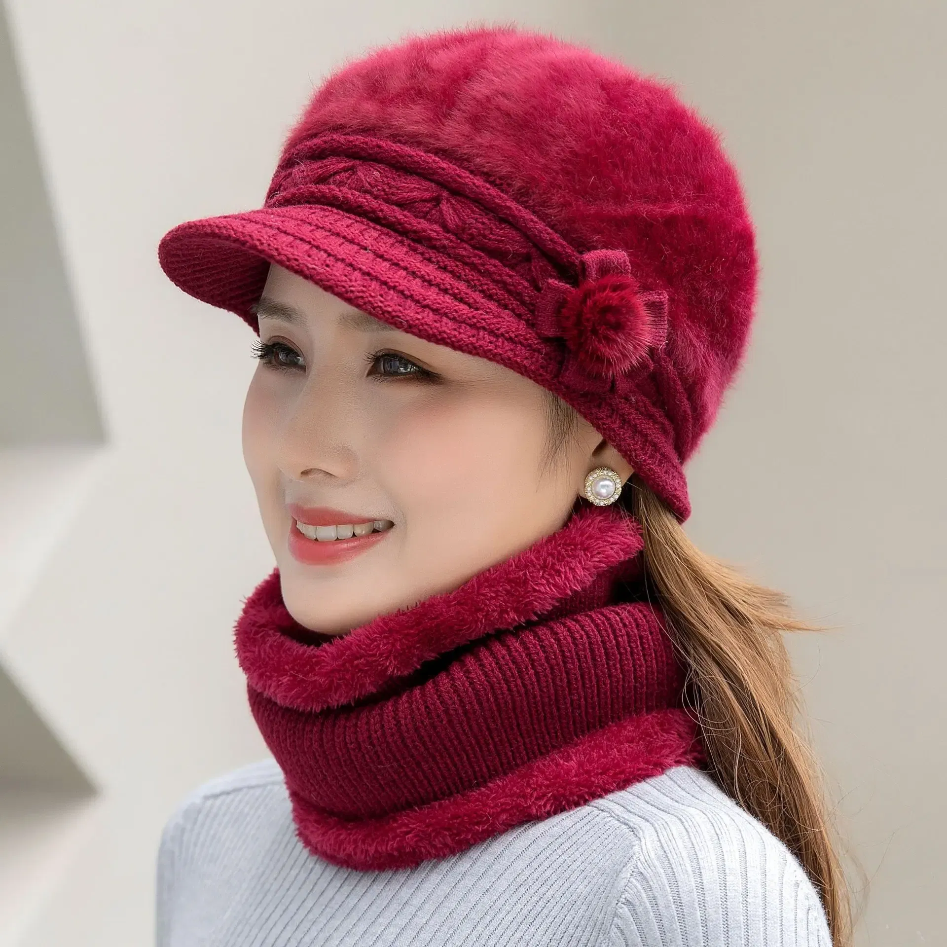 Color: Pink - New Women Winter Hat Keep Warm Cap Add Fur Lined Hat & Scarf Warm Set Fashion Hat For Women Casual Faux Fur Flower Knitted Hat