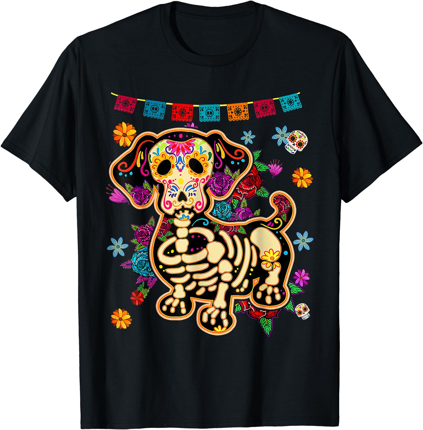 Color: WHITE, Size: M - Sugar Skull Mexican Dachshund Bone Halloween Day of Dead T-Shirt Casual Cotton Four Seasons Graphic T Shirts Funny T Shirts