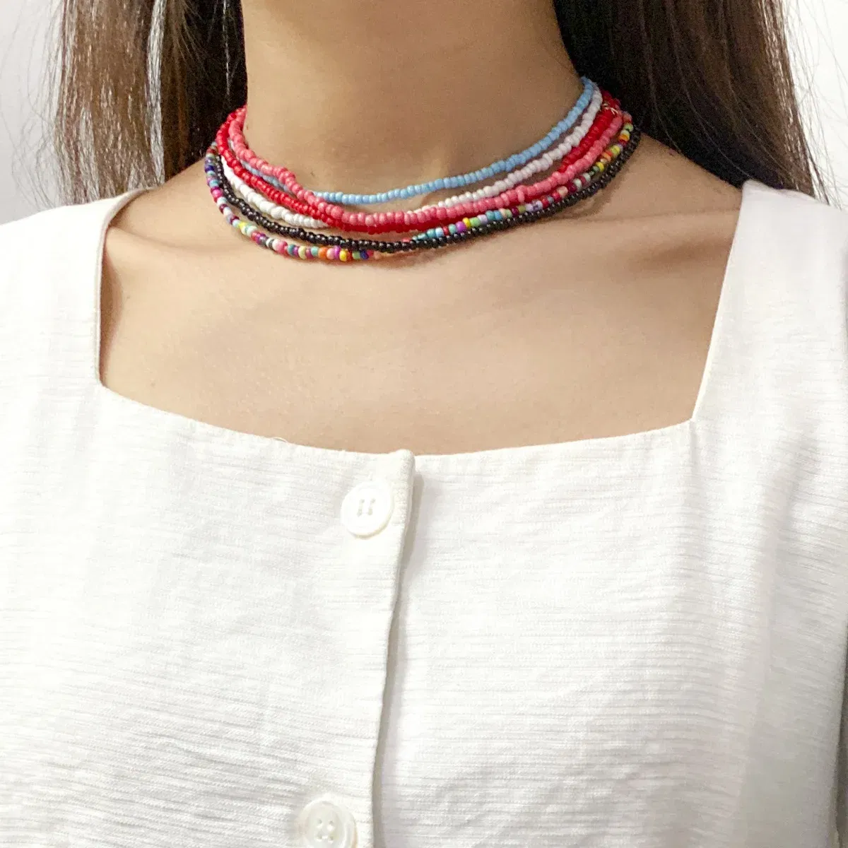 Metal Color: cobalt violet - 2022 New Trend Colorful Rice Beads Necklace Bohemia Fashion Style Ladies Clavicle Chain Necklace Girls String Pearl Neck Jewelry