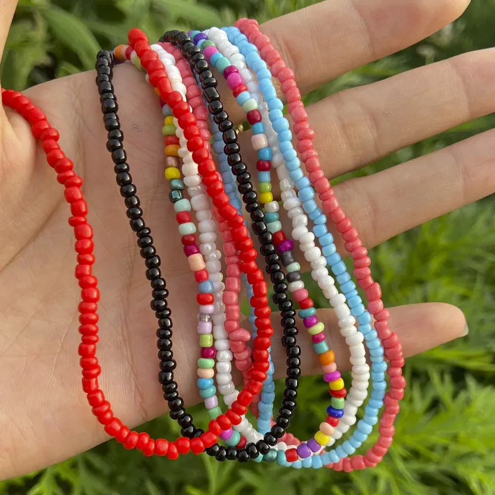Metal Color: cobalt violet - 2022 New Trend Colorful Rice Beads Necklace Bohemia Fashion Style Ladies Clavicle Chain Necklace Girls String Pearl Neck Jewelry