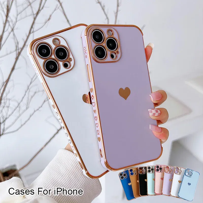 Color: MULTI, Compatible-Phone Models: For iPhone 14 Plus, Ships From: CN - Electroplating Side Love Heart Phone Case For IPhone 16 15 14 13 12 11 Pro Max XR 8 Plus SE2/SE3 Shockproof Back Cover