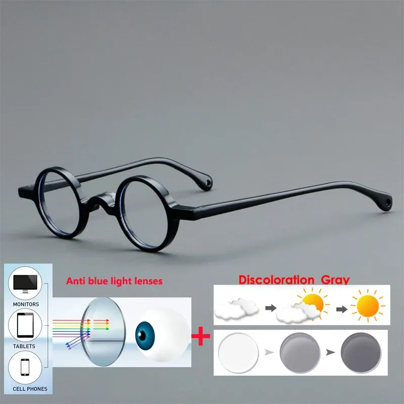 Frame Color: Black Green, Eye Prescription: +500 - VCKA Photochromic Acetate Myopia Glasses Men Retro Small Round Frames Women Custom prescription Anti-Blue  Eyewear -0.5 TO -10