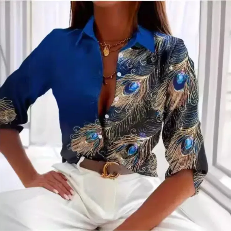 Color: Khaki, Size: XXXL - Fashionable Ladies Trendy Long Sleeved Shirt With Feather Gemstone Print Buttons Lapel Shirt Sleeves Autumn Elegant Ladies Shirt