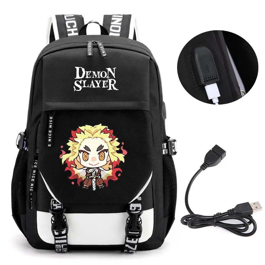 Color: Gold - Anime Demon Slayer Kamado Nezuko Backpack School Book Bags Mochila Travel USB Port Bag Laptop Boy Girls Gift