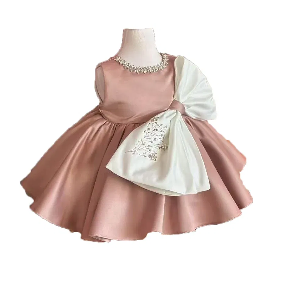 Color: Brown, Kid Size: 24M - 0-12Y Baby Girl Summer Diomand flower Embroidery Pink Dress with Big Bow for Casual Party Holiday B37