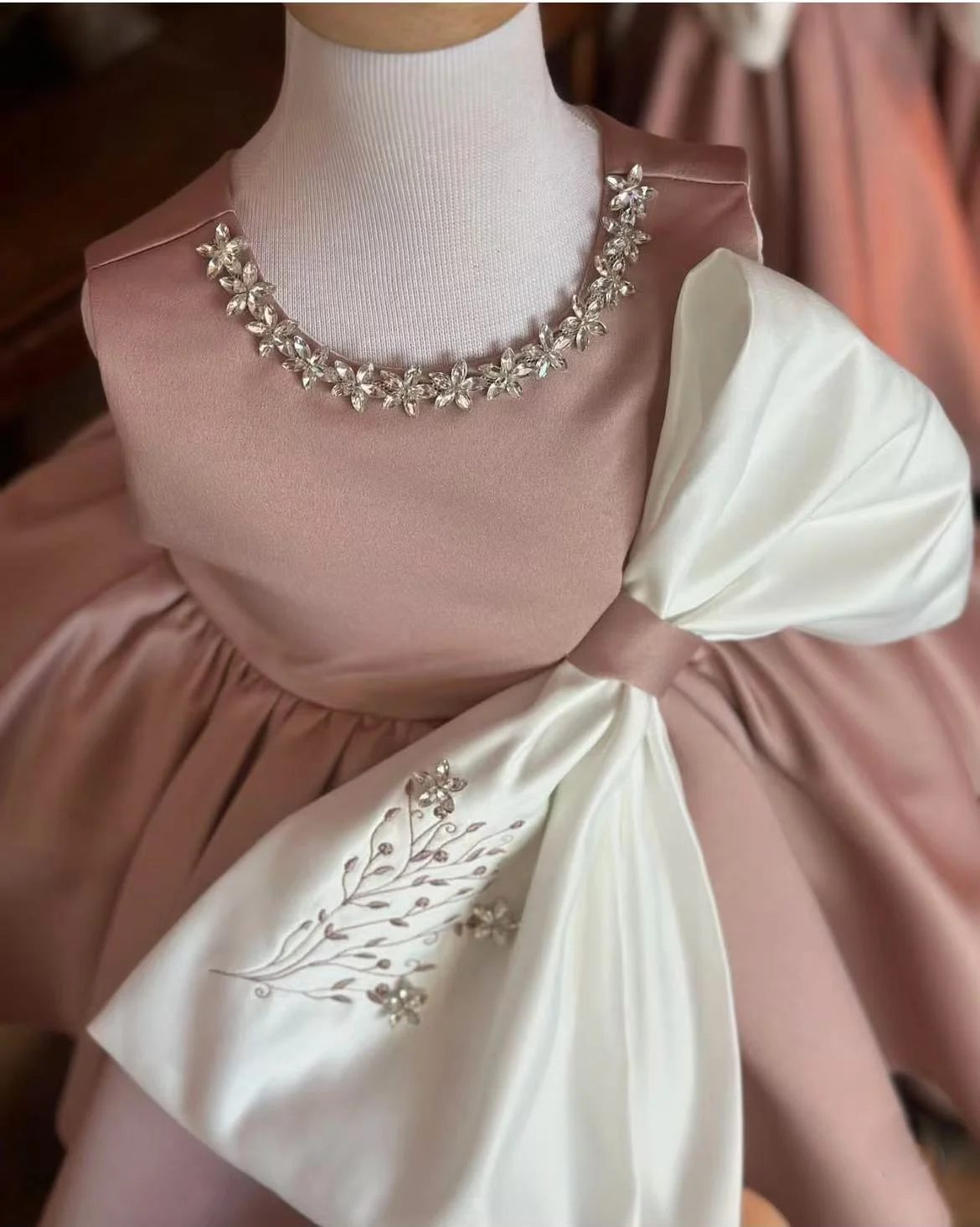 Color: Brown, Kid Size: 24M - 0-12Y Baby Girl Summer Diomand flower Embroidery Pink Dress with Big Bow for Casual Party Holiday B37