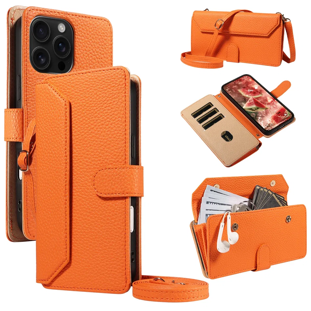 Color: Khaki, Bundle: Case & Strap, Material: Artificial Leather, Compatibility by Model: Galaxy S24 Ultra - Crossbody Leather Phone Case for Samsung Galaxy S25Edge S25Ultra S24FE S24Ultra S23Ultra Multi-Card Slot Anti-Drop Wallet Case