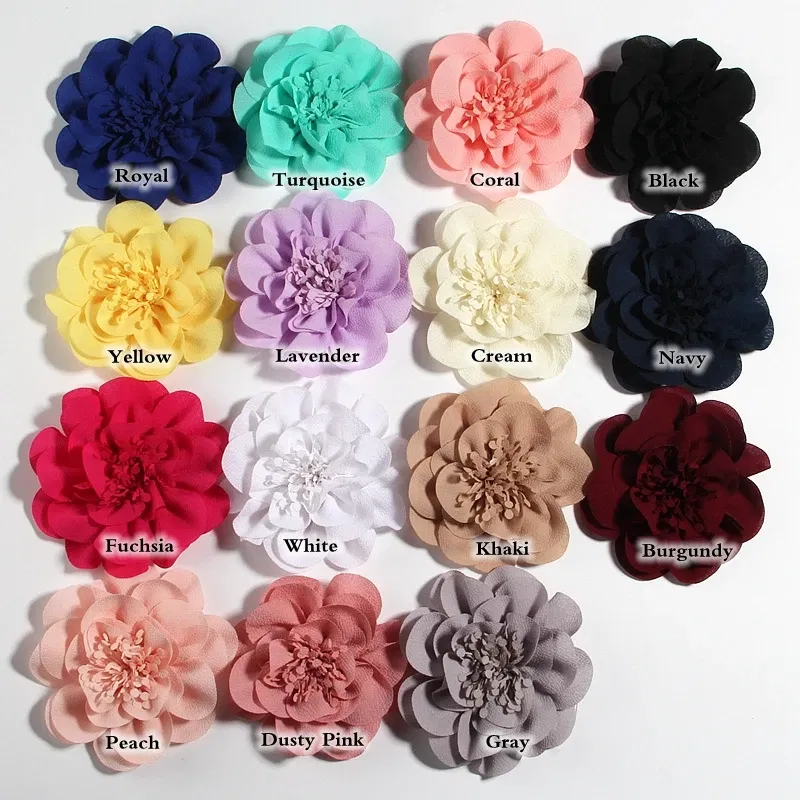 Color: Brown - 1PC 10CM 3.8" Big Chiffon Flowers Hair Clips Hairpins Handmade Artificial Rolled Rose Fabric Flower For Girls Head Accessories