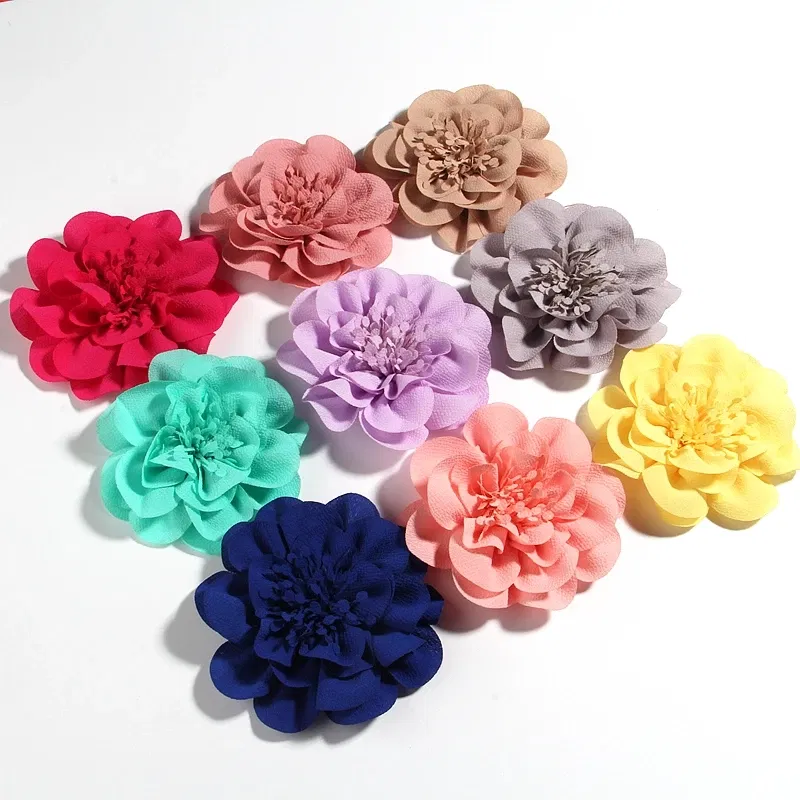 Color: Brown - 1PC 10CM 3.8" Big Chiffon Flowers Hair Clips Hairpins Handmade Artificial Rolled Rose Fabric Flower For Girls Head Accessories