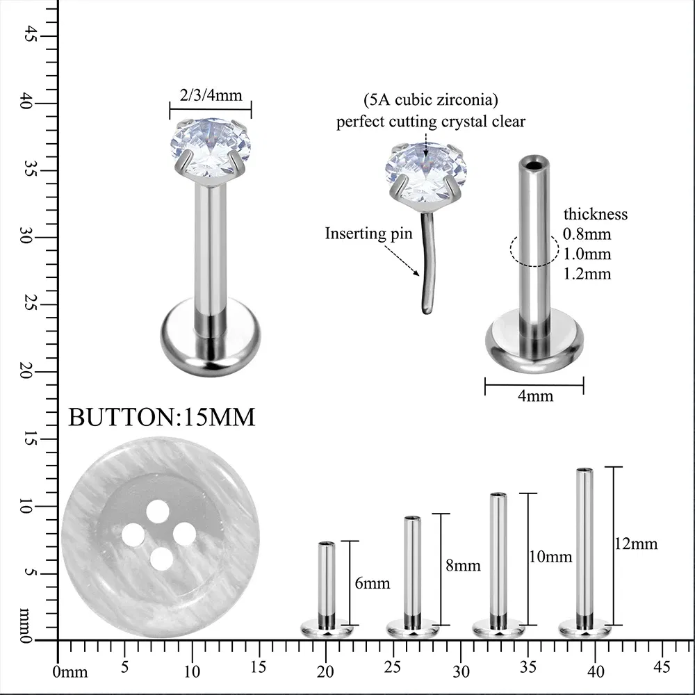Metal color: Imitation Rhodium Plated, Ships From: CHINA, Main Stone Color: Gold - 10PCS ASTM F136 G23 Titanium Piercing Labret Lip Ring Stud Earring CZ Ear Tragus Cartilage Helix Daith Pierc Jewelry 16/18/20g