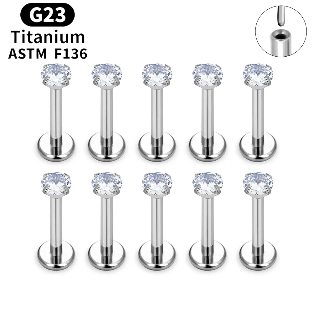 Metal color: Imitation Rhodium Plated, Ships From: CHINA, Main Stone Color: Gold - 10PCS ASTM F136 G23 Titanium Piercing Labret Lip Ring Stud Earring CZ Ear Tragus Cartilage Helix Daith Pierc Jewelry 16/18/20g