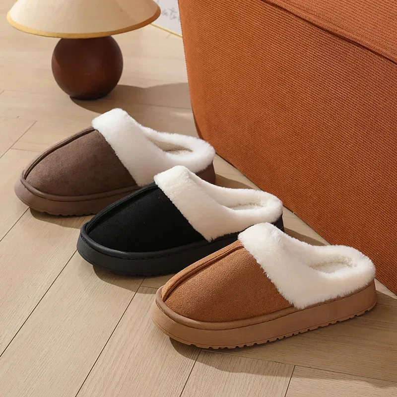 Color: Beige, Shoe Size: 38-39, Ships From: CHINA - Asgard Plush Women Slippers Thick Sole Non-slip Outdoor Fuzzy Slides Winter New Fur Collar Cotton Shoes Winter Warm Home Slipper