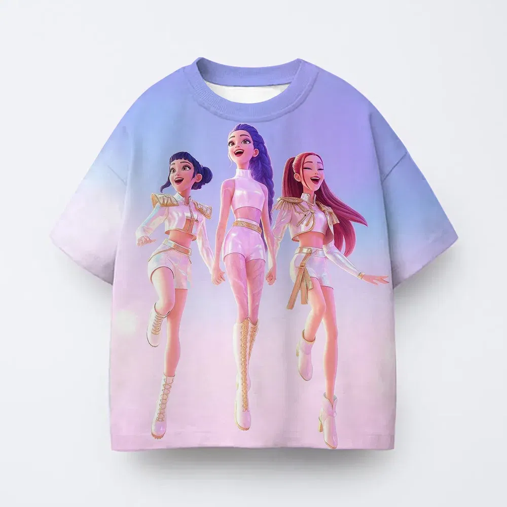 Color: black, Kid Size: 4 - T-shirt anime Kpop witch hunting group 3D printing children's T-shirt fashion casual cartoon T-shirt girls' children's clothing