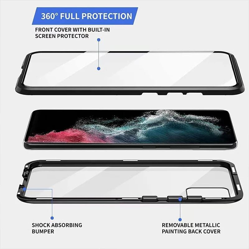 Color: PURPLE, Material: PP - Full Wrap Metal Bezel Case For Samsung Galaxy S23 S22 Ultra S21 S20 FE S24 Note 10 20 Lite Plus Double-Sided Glass Back Cover